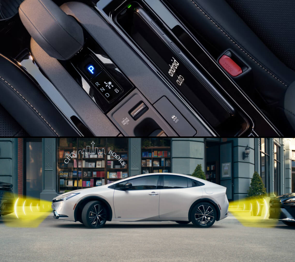 Close-up of 2027 Prius wireless charger. Side view illustration of white Prius using parking assist to parallel park.
