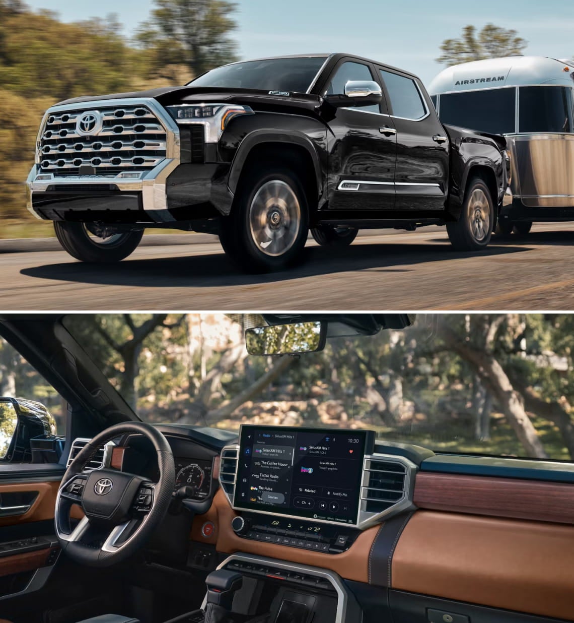 Toyota Tundra towing a travel trailer and interior dashboard with touchscreen display.